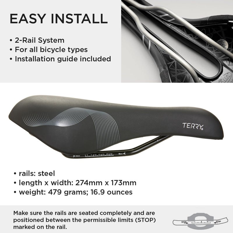 Terry Cite Y Gel Bike Saddle | Bicycle Seat Optimized for Men - Flexible & Comfortable | Sit Bone Support, Shock Absorbing Elastomers, Low Profile, Flat Top - Black Black, - Image 3